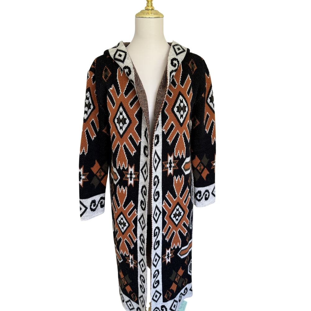 Vitrin Southwestern Geometric Hooded Duster Cardigan Wool Blend - Made in Turkey